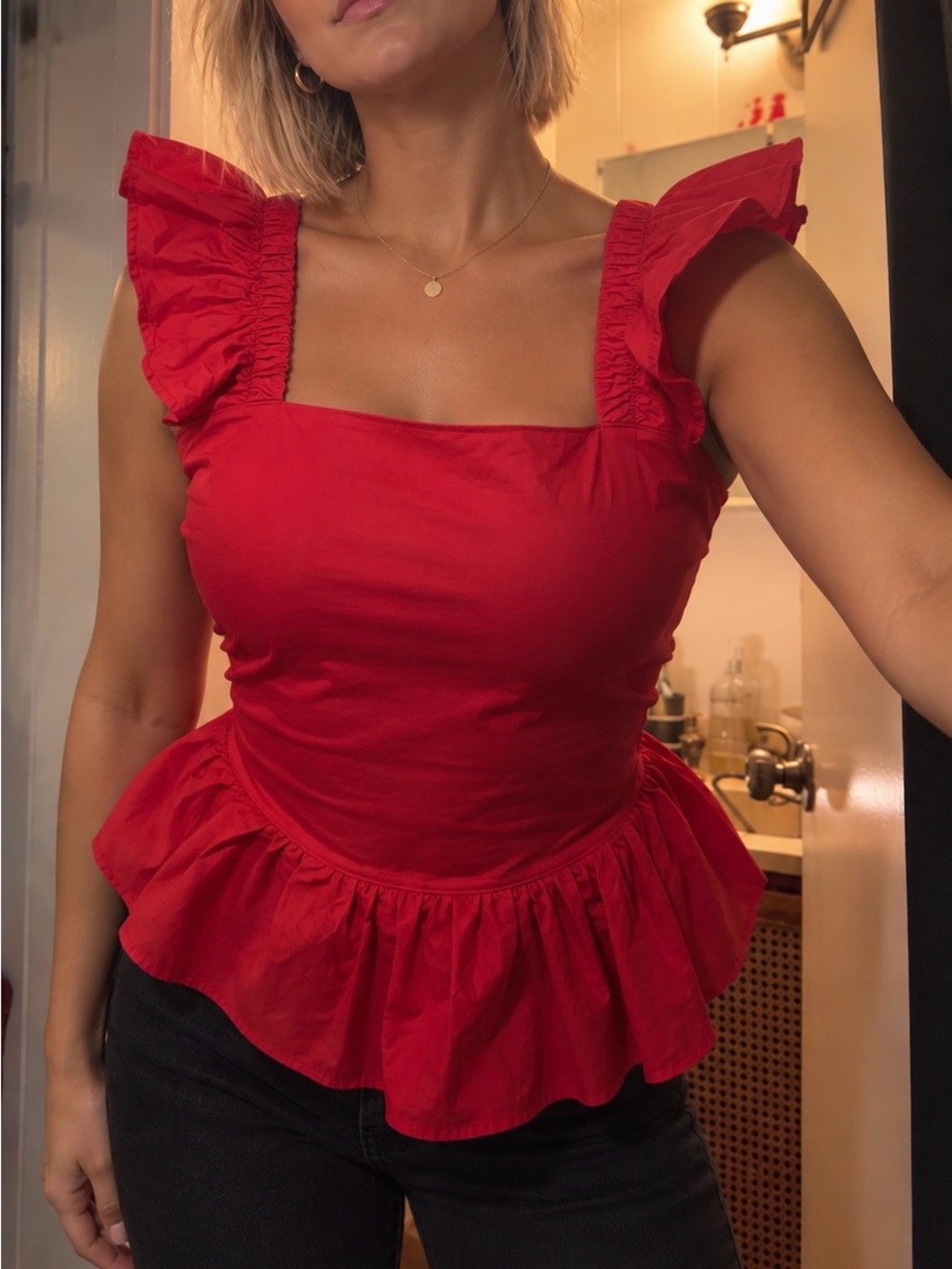 Women's Red Ruffle-Sleeve Peplum Top